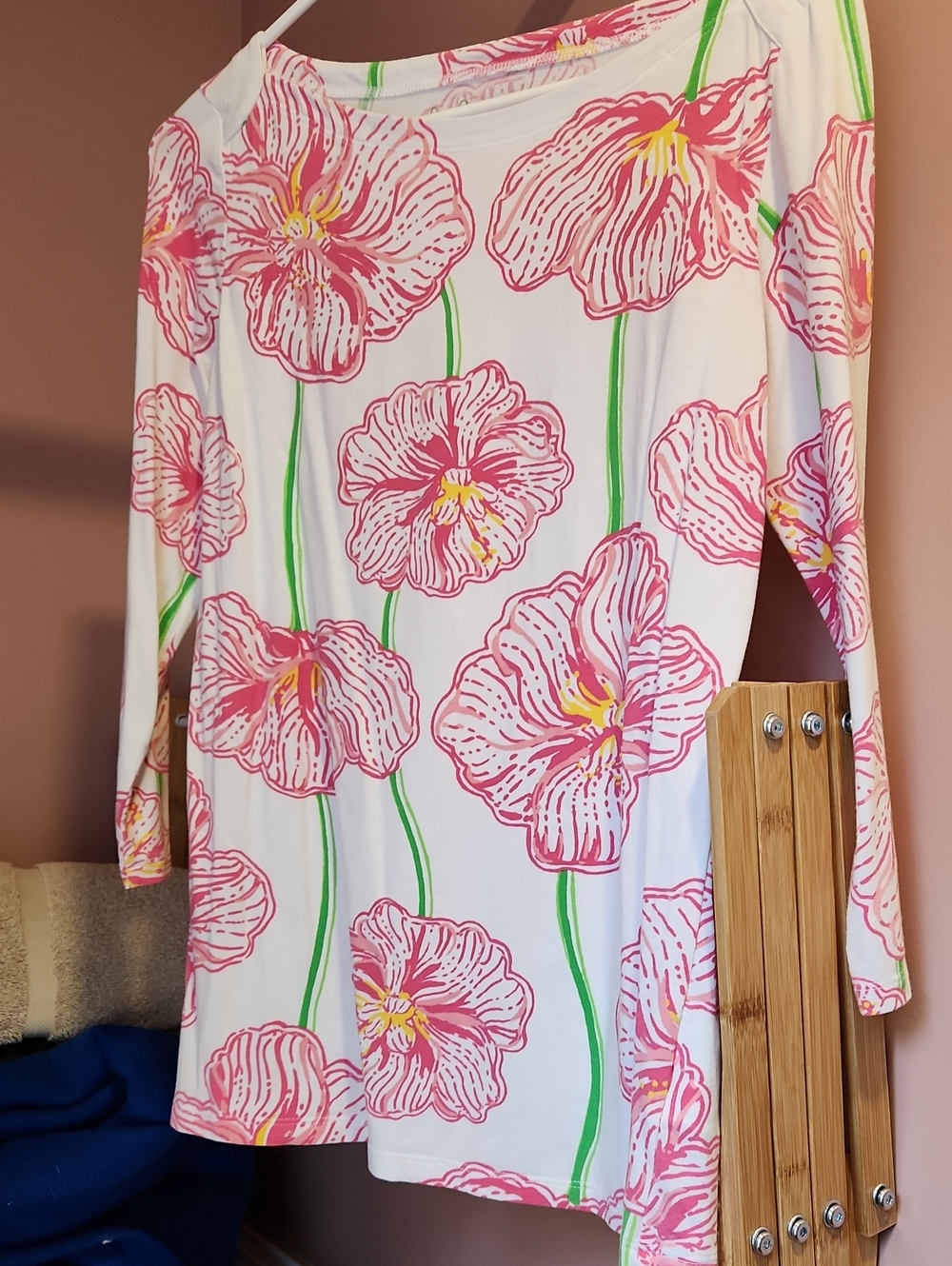 Lilly Pulitzer White 3/4 Sleeve  T-Shirt with Pink & Green Floral Print